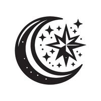 A black and white illustration of a crescent with stars vector