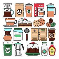 A collection of colorful coffee shop elements, including coffee makers, cups, beans, cakes, cookies, syrup, and a menu. Ideal for cafe branding, menus, and coffee themed designs. vector