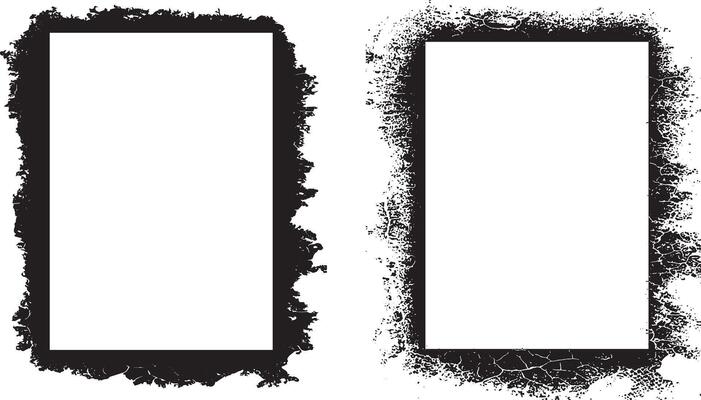two blank frames with grunge texture , square shape black and white grunge frames set, a black and white grunge photo border set design, vintage black and white frames with grunge paint,
