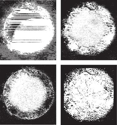 set of grunge frames, a black and white grunge photo frame of a round circle border, four round frames with black paint on them, four different images of the moon and sun