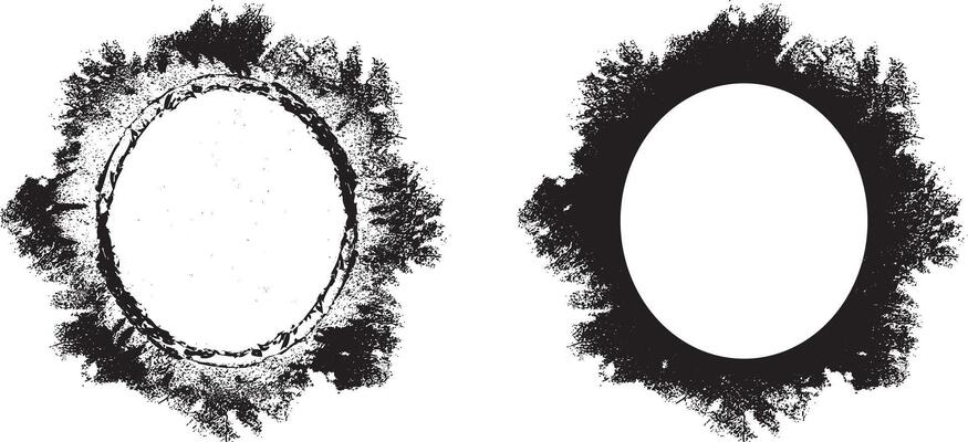two oval frames with black and white paint set, a black and white picture frame of a mirror and a black frame with a black border, grunge frame set
