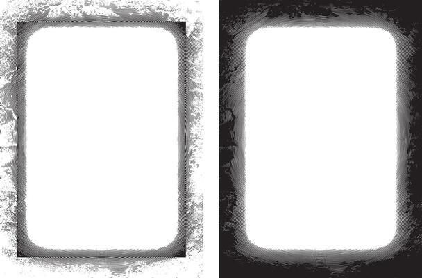 set of square frames with vintage grunge effect, two blank white frames with a black and white background