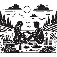 A black and white illustration of a couple sitting on a picnic blanket vector