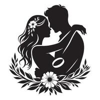 Silhouette of a man and woman kissing in front of a floral wreath vector
