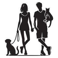 Silhouette of a couple with a dog and cat vector