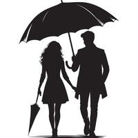 Silhouette of a couple walking under an umbrella vector