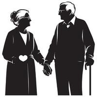 An elderly couple holding hands and walking in silhouette vector