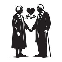 An elderly couple holding hands with a heart vector