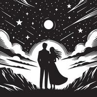 A black and white illustration of a couple standing in front of a mountain vector