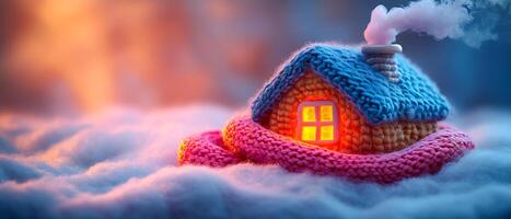 A small house made of knitted material is sitting on top of a pile of snow. The house is lit up with a light inside, giving it a cozy and warm feeling. Concept of comfort and warmth photo