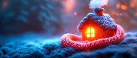 A house made of yarn is sitting on a snowy hill. Warm house. The house is lit up with a light inside, giving it a cozy and warm feeling photo