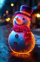 A snowman with a red scarf and a purple hat stands in the rain. The snowman is lit up with lights, giving it a festive and cheerful appearance photo