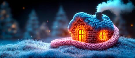 A small house with a chimney is lit up at night. The house is surrounded by trees and the snow is on the ground. Warm house. photo