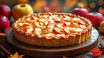 A pie with apples on top sits on a wooden table. The pie is surrounded by apples, and the apples are arranged in a circular pattern. The pie appears to be freshly baked and ready to be served photo