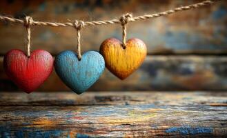 Three wooden hearts hanging from a rope on a wooden surface. The hearts are different colors, with one being red, one being blue, and one being yellow. Concept of warmth and love photo