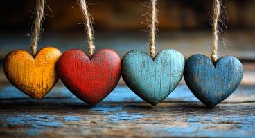 Four wooden hearts hanging from a rope, each with a different color. The blue heart is the largest and the red heart is the smallest. The other two hearts are yellow and green photo