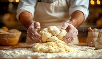 A man is kneading dough on a table. The dough is white and has a slightly sticky texture. The man is wearing an apron and has flour on his hands. The scene is set in a kitchen photo