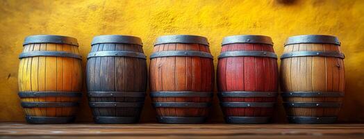 A row of wooden barrels with different colors, including brown, red, and yellow. The barrels are arranged in a line, with the yellow barrel on the left and the red barrel on the right photo