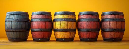 A row of five barrels, each with a different color, are lined up on a yellow surface photo