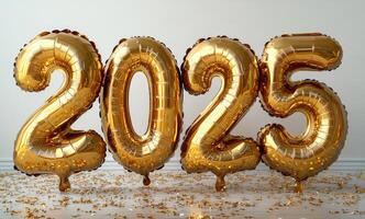 A bunch of balloons with the numbers 2025. The balloons are gold and are scattered on the floor photo