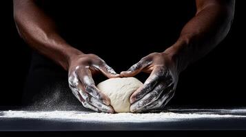 A man is making a pizza dough on a table. The dough is covered in flour and the man's hands are covered in it. The dough is being shaped and rolled out, and the man is focused on the task at hand photo