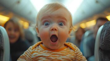 A baby is sitting in an airplane seat with its mouth wide open. The baby is surrounded by other people, some of whom are also sitting in airplane seats. Concept of excitement and anticipation photo