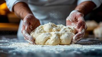A chef is making a dough with flour and sugar. The dough is being shaped into a ball and is being held in the chef's hands. The dough is covered in flour and sugar photo