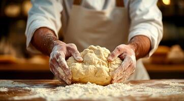 A man is kneading dough on a table. The dough is in the shape of a ball photo