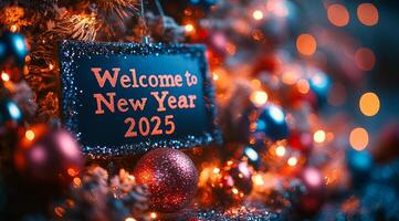 A sign that says welcome to new year 2025 is hanging on a tree. The tree is decorated with many colorful ornaments, including a red ball. The sign is surrounded by the ornaments, creating a festive photo