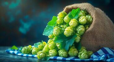 Harvested green hop cones in a linen sack on a rustic wooden table surface. Oktoberfest beer concept. Brewery product background. photo