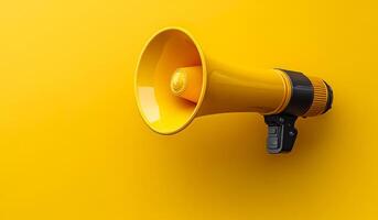 A yellow megaphone is on a yellow background. The megaphone is large and yellow, and it is placed on a yellow wall. Concept of importance and attention photo