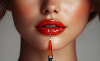 A woman is getting a shot of Botox in her lips. Concept of beauty and confidence, as the woman is getting a cosmetic procedure to enhance her appearance. The use of red lipstick photo