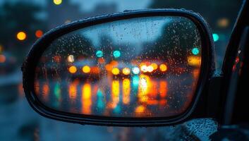 A car's rear view mirror is fogged up and blurry, with a reflection of a city street in the rain photo