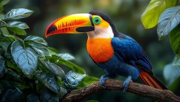 A colorful bird with a long beak is perched on a branch in a lush green forest. The bird's bright colors and the vibrant green leaves create a sense of life and energy in the scene photo