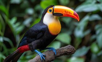 A colorful bird with a long beak is perched on a branch. The bird is black and yellow, with a red beak. Concept of vibrancy and life photo