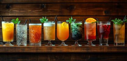 A row of glasses with different colored drinks on a wooden shelf. The drinks include orange juice, tea, and other mixed drinks photo