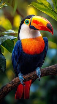 A colorful bird with a blue and orange beak is perched on a branch. The bird is looking directly at the camera, creating a sense of curiosity and wonder. The image captures the beauty photo