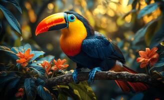 A colorful bird is perched on a branch in a lush green forest. The bird is a toucan, with a bright orange beak and a blue eye. The scene is vibrant and full of life photo