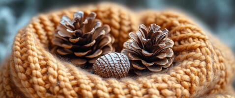 A cozy scene with a knitted hat and pine cones. The pine cones are arranged in a way that they look like they are resting on the hat. Concept of warmth and comfort, as the pine cones photo