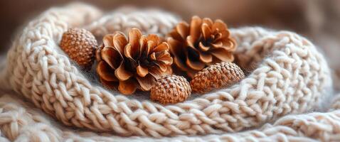 A knitted sweater with pine cones on it. The pine cones are brown and have a shiny, polished look. The sweater is made of a soft, fuzzy material and is covered in a layer of dust photo