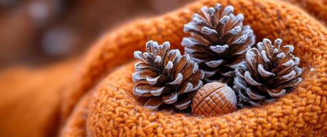 Three pine cones are on top of a blanket. The pine cones are covered in frost and appear to be from a winter scene photo