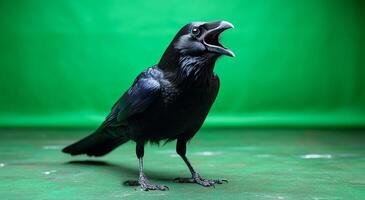 A black crow is standing on a green surface, its beak open and its eyes wide. The bird appears to be in a state of surprise or fear, as if it has just heard something unexpected photo