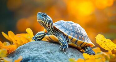 A small turtle is laying on a rock in a field of yellow leaves. The turtle is looking up at the camera, seemingly curious about its surroundings. The scene is peaceful and serene photo