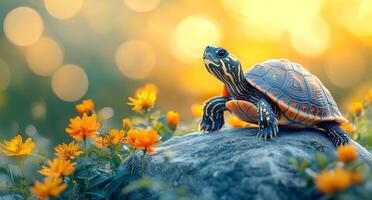 A turtle is sitting on a rock in a field of flowers. The turtle is surrounded by orange flowers, which create a warm and inviting atmosphere. The scene is peaceful and serene photo
