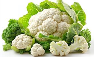 A white cauliflower sits on top of a pile of green vegetables. The cauliflower is surrounded by broccoli, cabbage, and other greens. Concept of freshness and health, as the vegetables are all natural photo