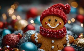 A gingerbread man with a red hat and scarf is smiling and surrounded by Christmas decorations. The scene is festive and cheerful, with the gingerbread man being the center of attention photo