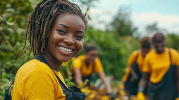 A woman with dreadlocks is smiling and wearing a yellow shirt. She is surrounded by other people who are also wearing yellow shirts. Scene is cheerful and positive photo