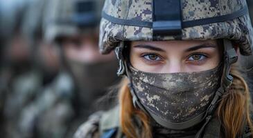 A woman in a camouflage uniform with a scarf around her face. She is looking at the camera photo