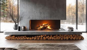 A fireplace with a large stack of wood next to it. The fireplace is lit and the room has a cozy, warm atmosphere photo