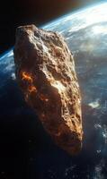 A large rock is floating in space above the Earth. The rock is surrounded by a bright orange glow, indicating that it is on fire. The scene is both beautiful and terrifying photo